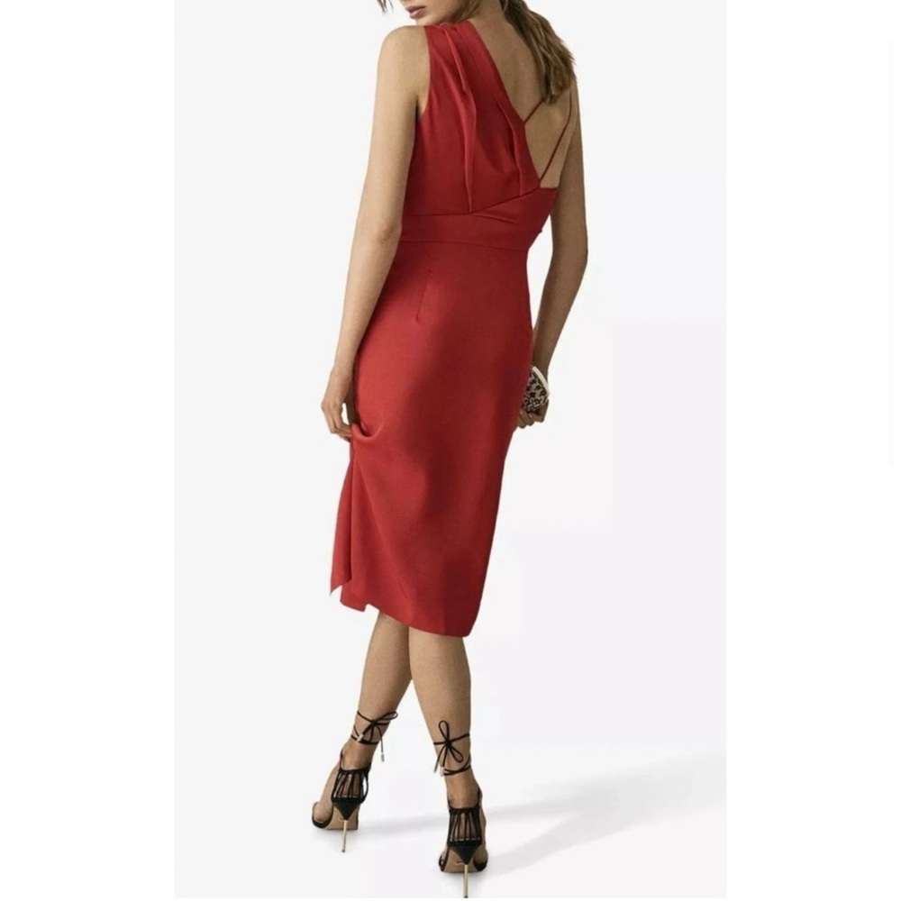 NWT REISS | Sara Ruffle Detail‎ Red Satin Pleated Midi Cocktail Dress Sz. 0 - Picture 4 of 8